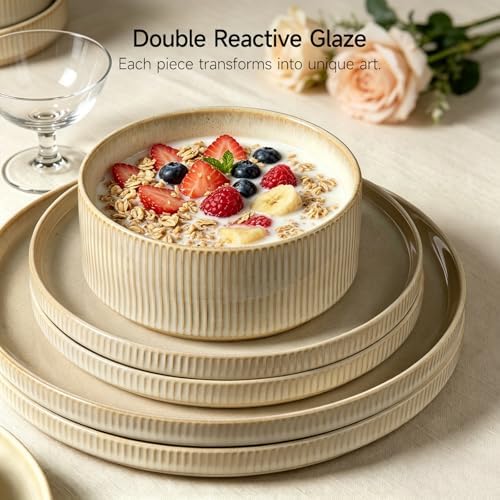 Stoneware Dinnerware Sets for 4, 12Pcs Ribbed Plates and Bowls Set