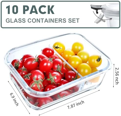 VERONES 10 PACK 30 OZ Glass Meal Prep Containers 2 Compartment Set
