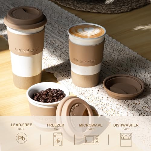 Ceramic Travel Coffee Mug Set, To Go Mug with Silicone Lid&Non-Slip