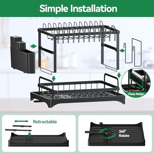 2-Tier Metal Dish Drying Rack with Drainboard, Black