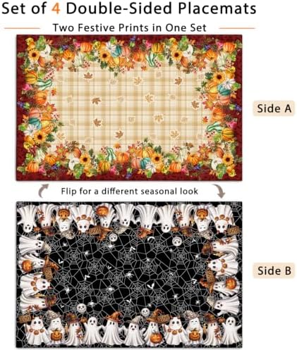 Double Sided Fall and Halloween Linen Placemats Set of 4, 12"x18"