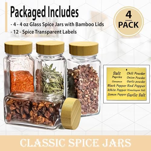 Glass Spice Jars with Bamboo Airtight Lids - (4 Pack) - 4 oz Square