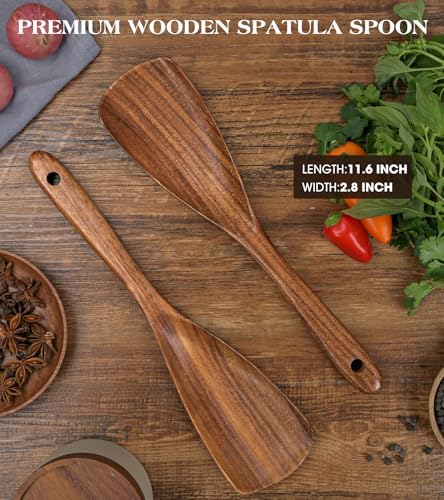 2Pcs Wooden Spatula Spoon, Multifunction Cooking Spoon for Nonstick