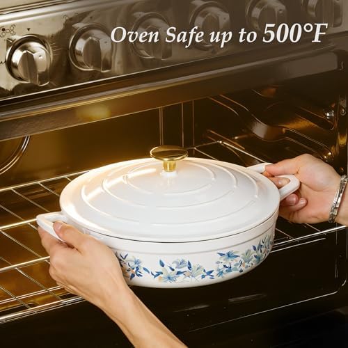 CAROTE 3.5QT Enameled Cast Iron Braiser Pan, Shallow Floral Dutch Oven