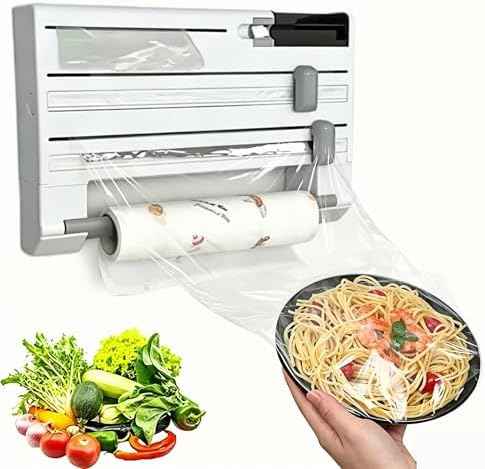 6-in-1 Wall Mounted Plastic Wrap&Foil Dispenser with Cutter–PP Kitchen Organizer w/Paper Towel, Tape, Bag&Small Tray, No Drill/Screw Mount White-Aluminum Foil Rack Organizer&Organizer Foil Cling Wrap