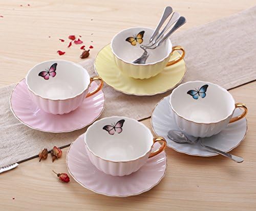 Jusalpha 4 Pcs Elegant Multi Color Tea Cup and Saucer Set with Spoons