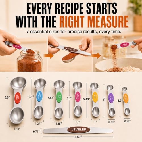 Magnetic Measuring Spoons Set, 8 Piece Color Coded Stainless Steel