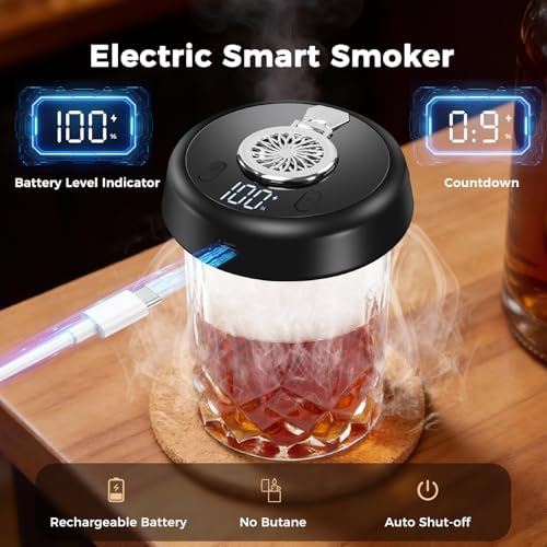 Electric Whiskey Smoker Kit - 7-Color LED, 6 Wood Flavors