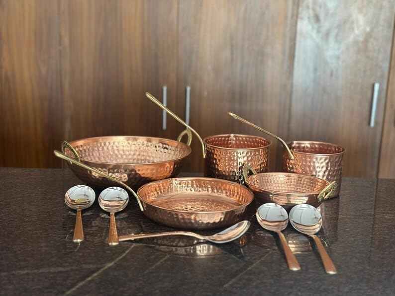 Pure Copper Cookware Set with Hammered Kadai, Saucepan & Fry Pan