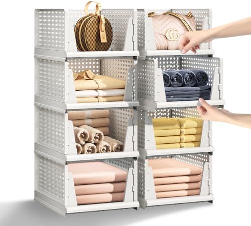 5 Packs Stackable Plastic Storage Basket for Closet Foldable Closet
