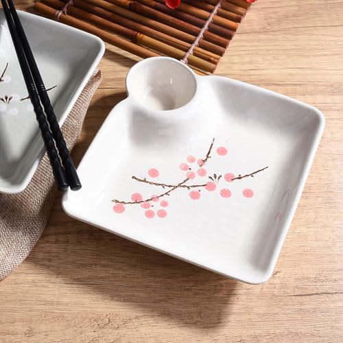 Porcelain Sushi Plate with Vinegar Dish Set of 2, 7'' Dumpling Plates
