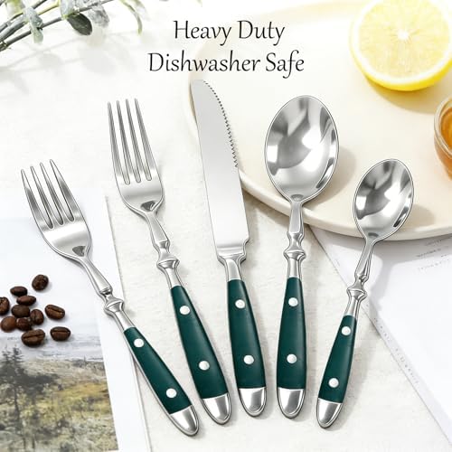 Vintage Silverware Set Service for 4, Flatware Set with Green Bakelite