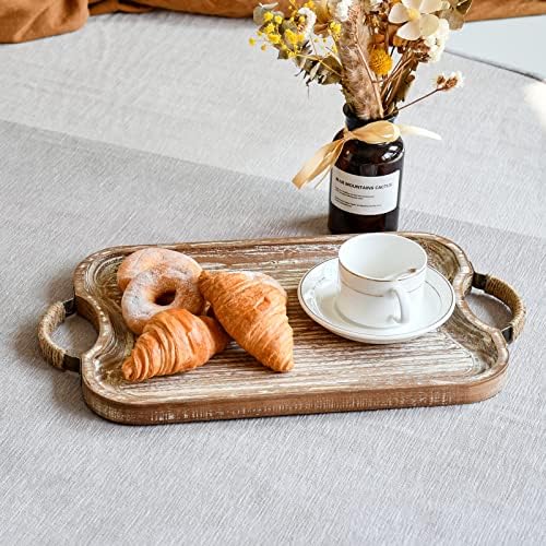 Rustic Wood Serving Tray with Metal Twine Handles Set of 2 Rectangular