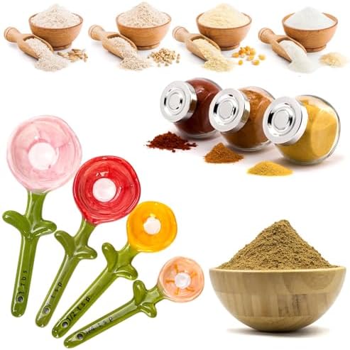 Coloch 5Pcs Ceramic Measuring Spoons and Cup, Flower Baking Scale