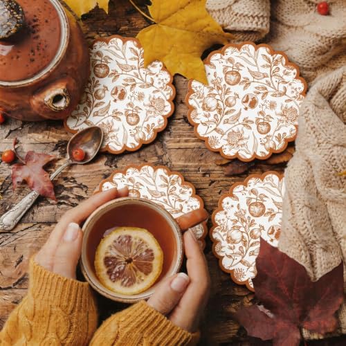 Fall Ceramic Drink Coasters Set 4 Scalloped Edge Flowers Birds Fruits