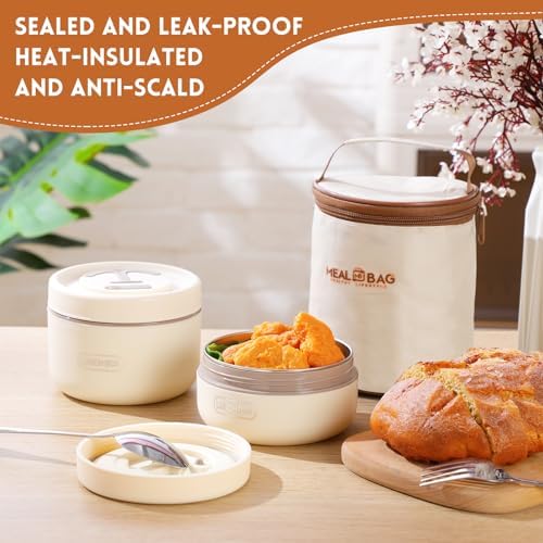 Dandat 2 Portable Insulated Bento Lunch Containers, Beige