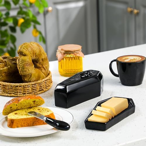 Reallnaive 2 Pcs Coffin Butter Dish with Lid, Gothic Skull Black,Flat