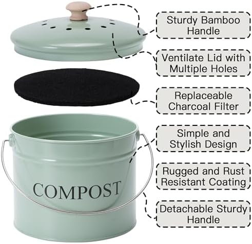 Compost Bin for Kitchen Counter, 1 Gallon, Green