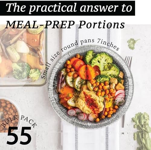 (55 Pack) 7" Round Foil Pans with Lids - Small Aluminum Pans - Freezer
