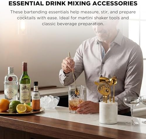 5-Piece Gold & Marble Bartender Kit with Stand, Stainless Steel Bar