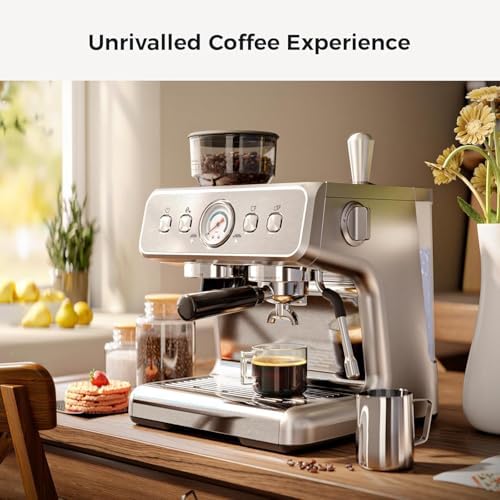 Kismile Espresso Machine with Grinder, 20 Bar, Stainless Steel