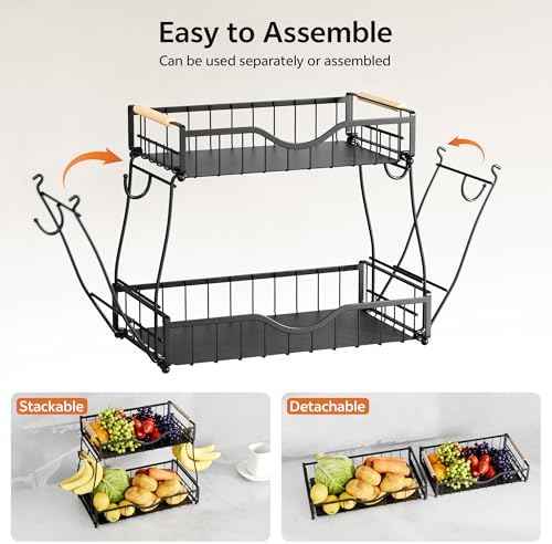 2 Tier Fruit Basket for Kitchen Countertop with 2 Banana Hangers,Detachable Metal Fruit Bowl with Wooden Handles and Protective Pads,Large Capacity Fruit and Vegetable Basket Organizer,Black