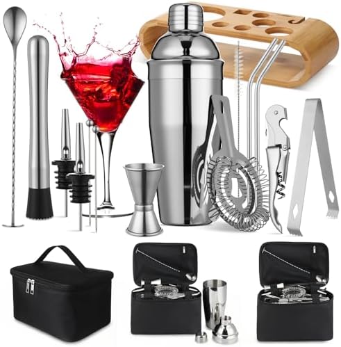 16 Pcs Bartender Kit Bag with Stand Portable Cocktail Shaker Set, 25oz