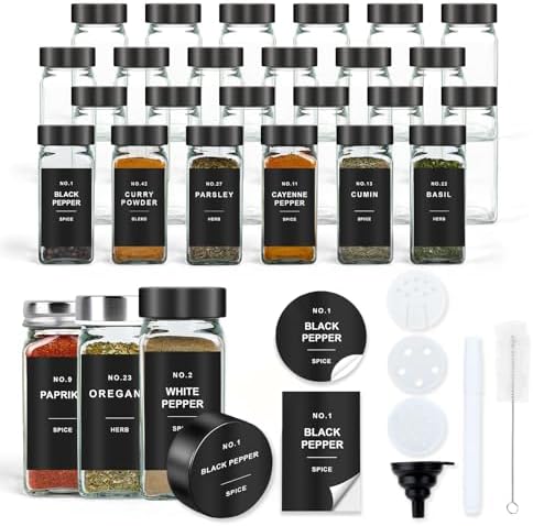 Spice Jars with Label, 24pcs 4oz Glass Spice Jars with Black Lids