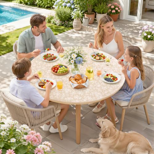 misaya Round Vinyl Fitted Tablecloth with Elastic Edge, Beige