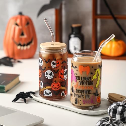 Halloween Glass Cups Witch Drinking Glass Cup with Lid and Straw 16oz
