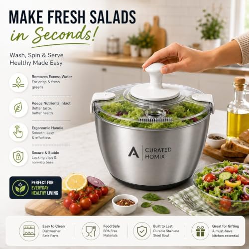 Stainless Steel Salad Spinner Large Capacity 6L – Hand Crank Vegetable