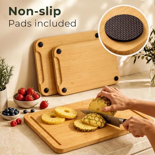 Bamboo Cutting Boards for Kitchen Set of 3, Deep Juice Grooves &