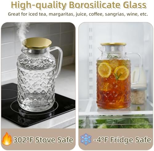 AVLA 2 Pack 2 Liter Glass Pitcher with Lid and Handle, Large