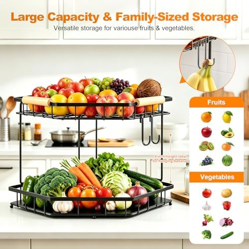 2 Tier Corner Fruit Basket for Kitchen Counter With 2 Banana Hangers