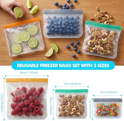 20 Pack Reusable Freezer Bags, Leakproof Reusable Silicone Food