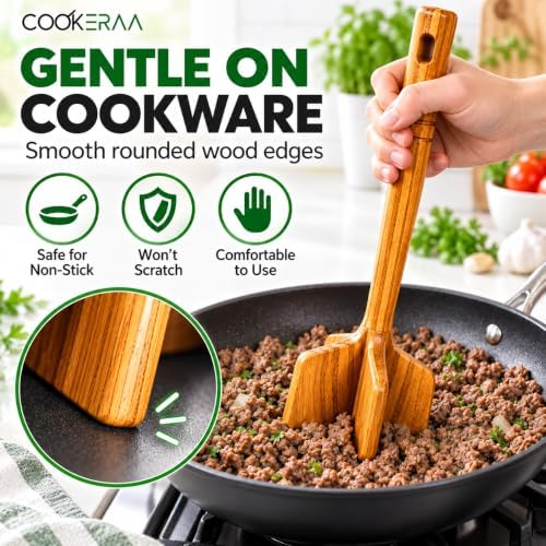 Teak Wood Meat Masher, Ground Beef Chopper & Chicken Shredder Tool