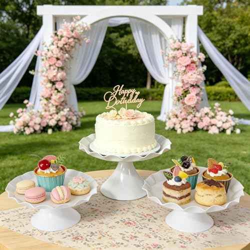 3 Pcs White Metal Cupcake Stand Scalloped Edge Dessert Display Tray