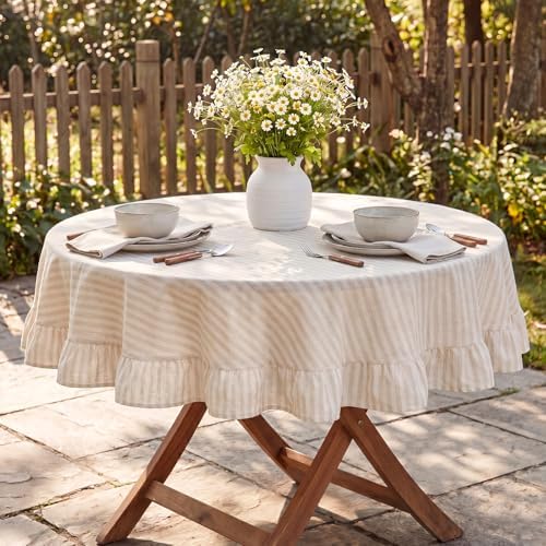 Boao Cotton Striped Tablecloth Round 60" Beige White