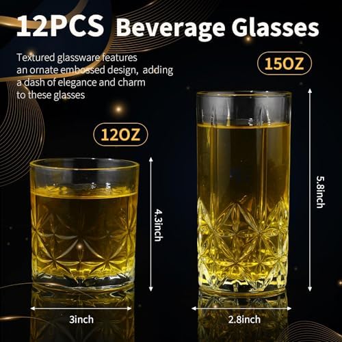 LemonRoad 12 Pcs Drinking Glasses Set Highball Whiskey Glasses, Star