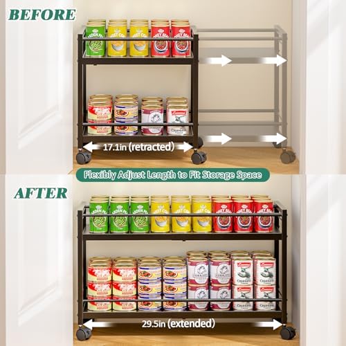 2-Tier Expandable Rolling Pantry Cart with Wheels, Black