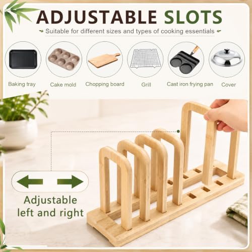 Novabright 2 Set Bamboo Cutting Board Organizer, 5-Slot Adjustable Dividers with Non-Slip Pads for Bakeware, Pot Lids, Trays, Cookie Sheets, Kitchen Cabinet Storage