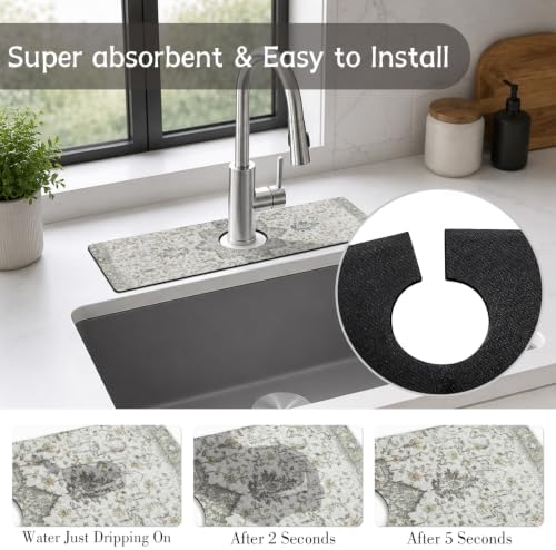 Boho Kitchen Sink Splash Guard Faucet Mat,Vintage Grey Modern