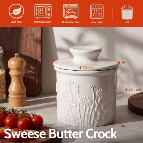 Sweese Ceramic Butter Crock, 4 oz French Butter Keeper with Embossed
