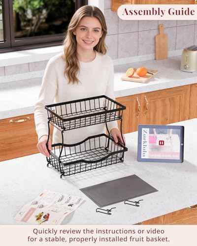 Large 2 Tier Fruit Basket for Kitchen Counter with 2 Banana Hangers, Black