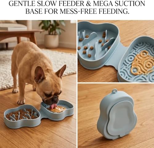Collapsible Dog Travel Bowl with Lid, Slow Feeder (Bluish)