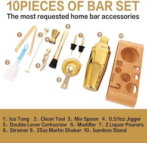 10-Pcs Martini Cocktail Shaker Set Gold,Martini Set Stainless Steel