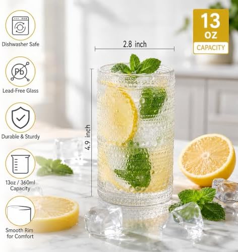 ZOOFOX Set of 6 Vintage Hobnail Drinking Glasses, 13 oz Tall Clear