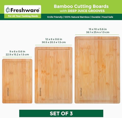 Freshware Wood Cutting Boards for Kitchen - Bamboo Cutting Board Set of 3, Cutting Boards with Juice Grooves, Serving Board Set, Chopping Board for Meat, Veggie, Easy Grip Handle (9x6", 12x8", 15x10")