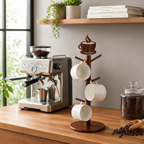 Geelin Coffee Mug Tree with 6 Hooks Holder, Wood Cup Organizer for
