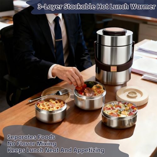 67oz Vacuum Insulated Food Container Set with 3 Stackable Compartments